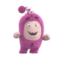 a cartoon character is wearing a purple costume and a hat .