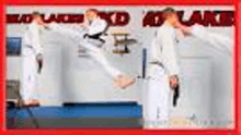 a man in a white karate uniform is kicking a ball in a gym .