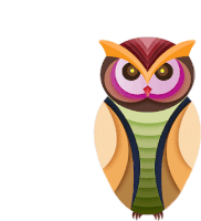 a colorful owl with purple eyes and a striped neck