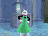 a cartoon character in a green dress is standing in front of a window that says disco garden