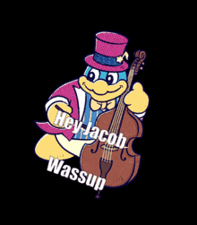 a cartoon of a penguin playing a double bass with the words hey jacob wassup