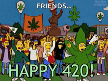 a cartoon of a group of people celebrating 420 with balloons and a marijuana leaf .