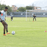 a man kicks a soccer ball on a field with a shirt that says ' pro ' on the front