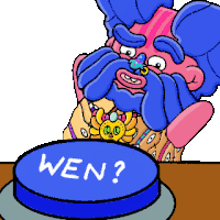 a cartoon of a man with a blue beard pressing a button that says wen