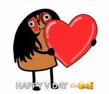 a cartoon character holding a red heart with the words happy v day written below it