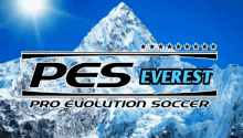 a logo for pes everest pro evolution soccer with a snowy mountain in the background