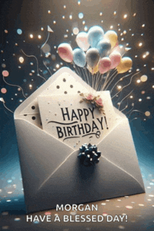 an envelope with balloons and a card that says happy birthday on it