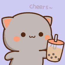 a cartoon cat is holding a cup of bubble tea and the words cheers are above it