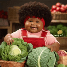 a baby with an afro is holding a cabbage and smiling for the camera