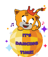 an illustration of a cat with a crown on its head and the words it 's dancing time