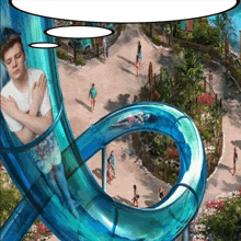 a man is sitting on a blue water slide with a speech bubble above him