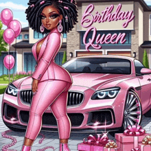 a woman in a pink suit stands in front of a pink car with the words birthday queen written on it