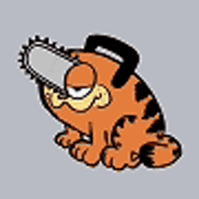 garfield is holding a chainsaw in his mouth and looking at the camera .