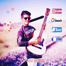 a young man is holding a guitar in front of social media icons such as twitter and google