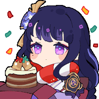 a girl with purple eyes is holding a cake in her hand