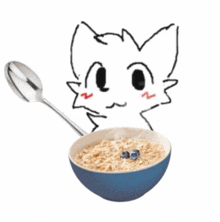 a drawing of a cat with a spoon in a bowl of cereal