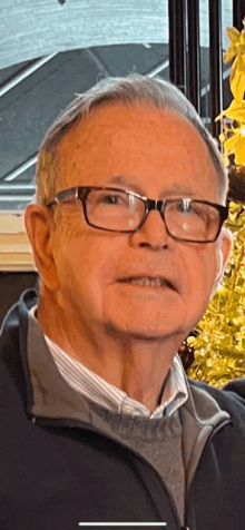 an elderly man wearing glasses and a black jacket stands in front of a christmas tree