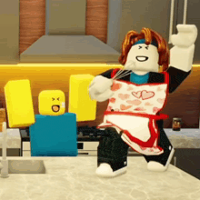 a roblox character wearing an apron with hearts on it is dancing in a kitchen