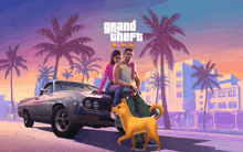 a poster for grand theft with a man and woman sitting on a car and a dog standing next to them