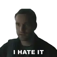 a man with a backpack says " i hate it " on a white background