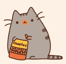 a cartoon cat holding a bag of cheetos chips