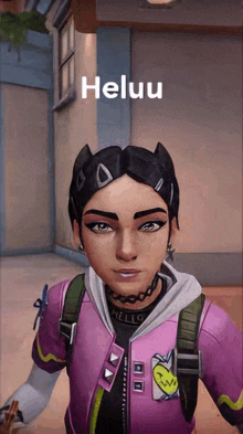 a girl in a pink jacket with the word hello on her chest