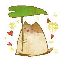 a drawing of a cat holding a green leaf surrounded by hearts