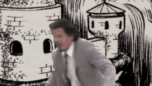 a man in a suit and tie is running in front of a cartoon drawing of a castle .