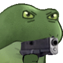 a frog is holding a gun in its mouth .