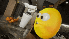 a cartoon smiley face is pouring something into a white cup