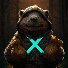 a cartoon drawing of a otter with a glowing x around his neck