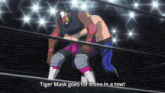 tiger mask goes for three in a row in a wrestling match