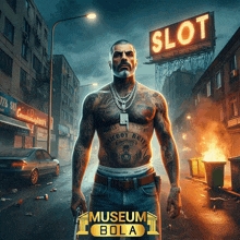 a man with a tattoo on his chest is standing in front of a slot sign