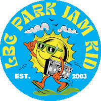 a sticker for the cbc park jam kid shows a sun with sunglasses and a boombox