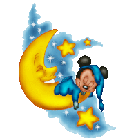 a baby mickey mouse sleeping on a crescent moon surrounded by stars