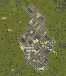 an aerial view of a city with gas / car license bank and gun / hospital highlighted