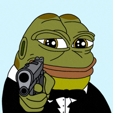 a cartoon frog wearing a tuxedo and bow tie is pointing a gun