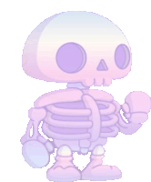 a pink skeleton with purple eyes and a triangle on its head