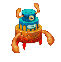 a colorful cartoon monster with crab claws and a blue eye