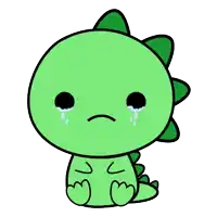 a cartoon drawing of a green dinosaur with a sad face and tears coming out of its eyes .