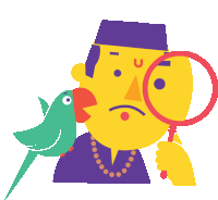 a man with a green parrot on his shoulder looks through a magnifying glass