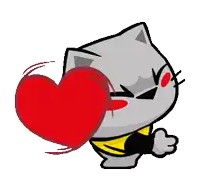 a cartoon cat holding a red heart in its mouth