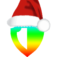 a rainbow colored shield with a santa hat on top