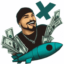 a cartoon of a man holding a rocket and money