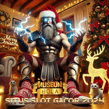 a poster for museum bola shows a man in santa hat