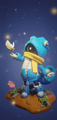 a cartoon character in a blue jacket and scarf holds a butterfly in his hand