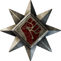 a silver star with a red fist in the middle