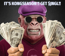 a gorilla holding a bunch of money with the words it 's kong season get jingl