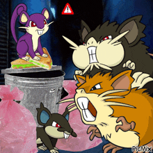 a group of cartoon mice standing around a trash can with a sandwich in it