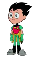 robin from teen titans go is wearing a red and green costume
